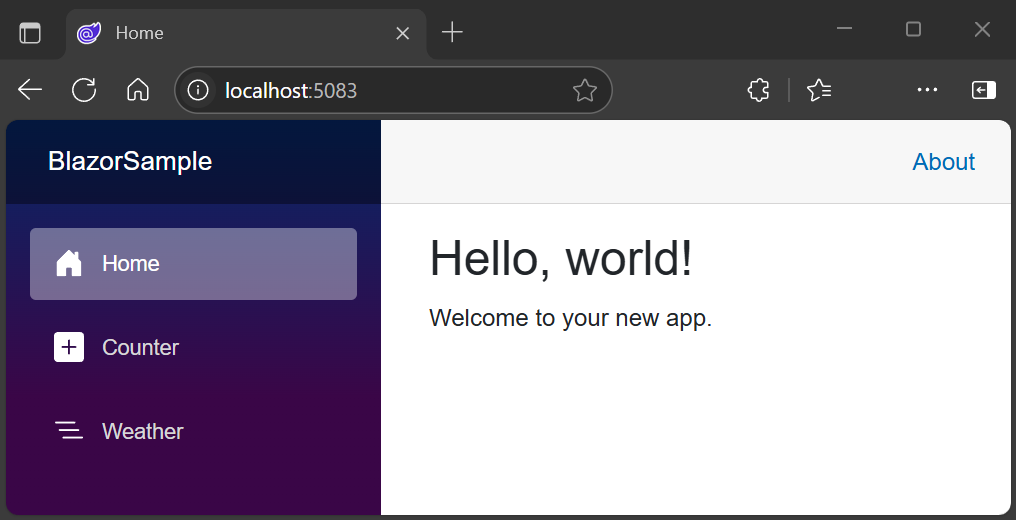 Blazor Web App UI に表示されたホーム ページを使用して Microsoft Edge で実行されます。