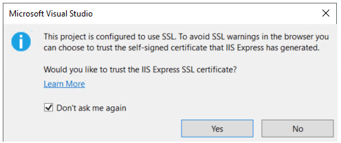 このプロジェクトは、SSL を使用するように構成されています。ブラウザーで SSL 警告を回避するには、IIS Express によって生成された自己署名証明書を信頼することを選択できます。IIS Express SSL 証明書を信頼しますか?