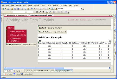 GridView がページに追加され、ObjectDataSource にバインドされました