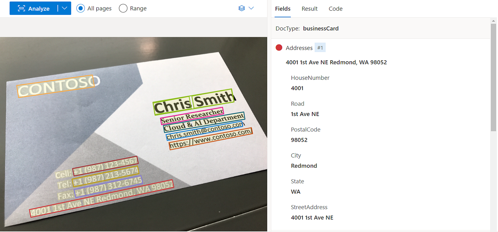 Document Intelligence Studio を使用した名刺モデル分析を示すスクリーンショット。
