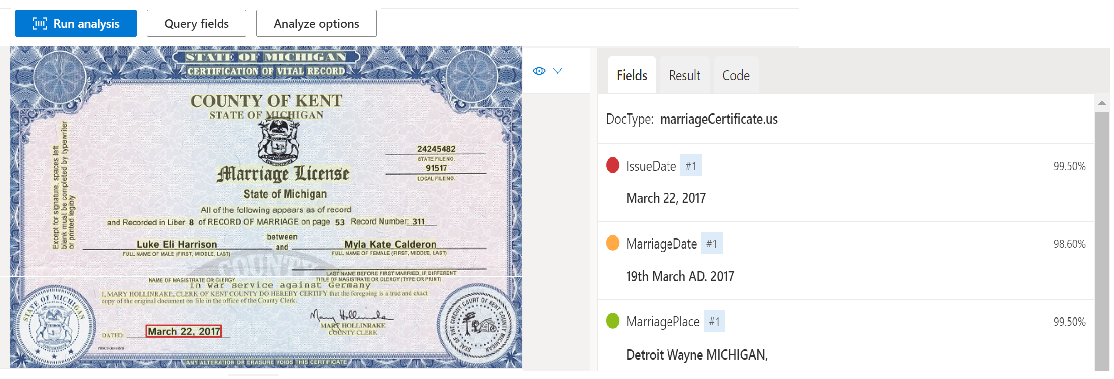 Document Intelligence Studio を使用した結婚証明書ドキュメント モデルの分析を示すスクリーンショット。