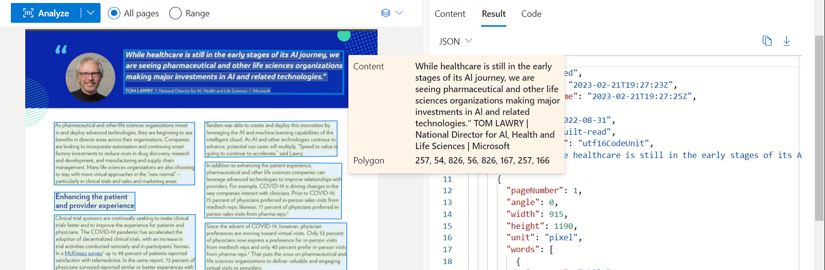 Document Intelligence Studio を使用した読み取りモデル分析を示すスクリーンショット。