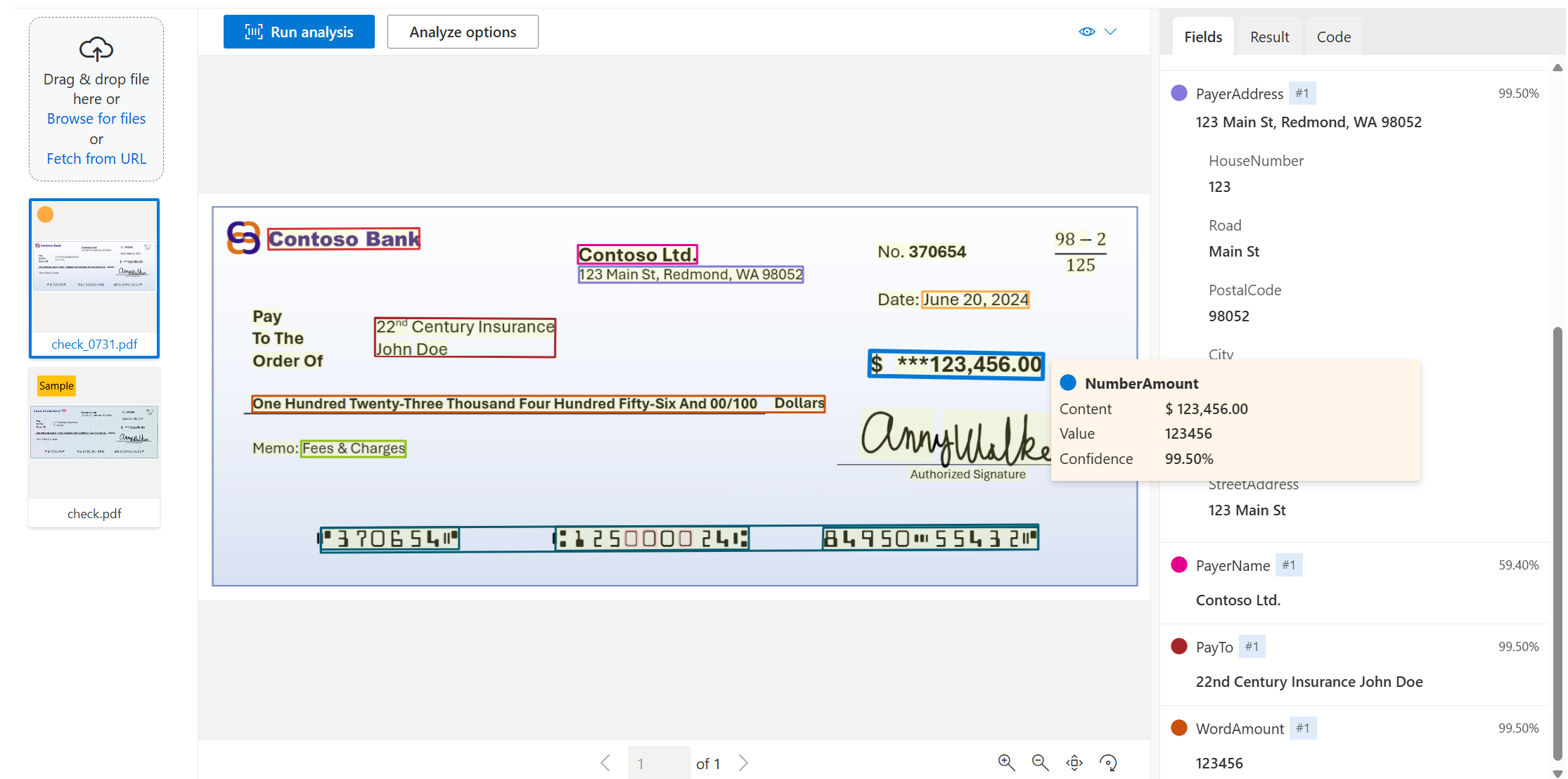 Document Intelligence Studio を使用してモデル分析を確認する方法を示すスクリーンショット。