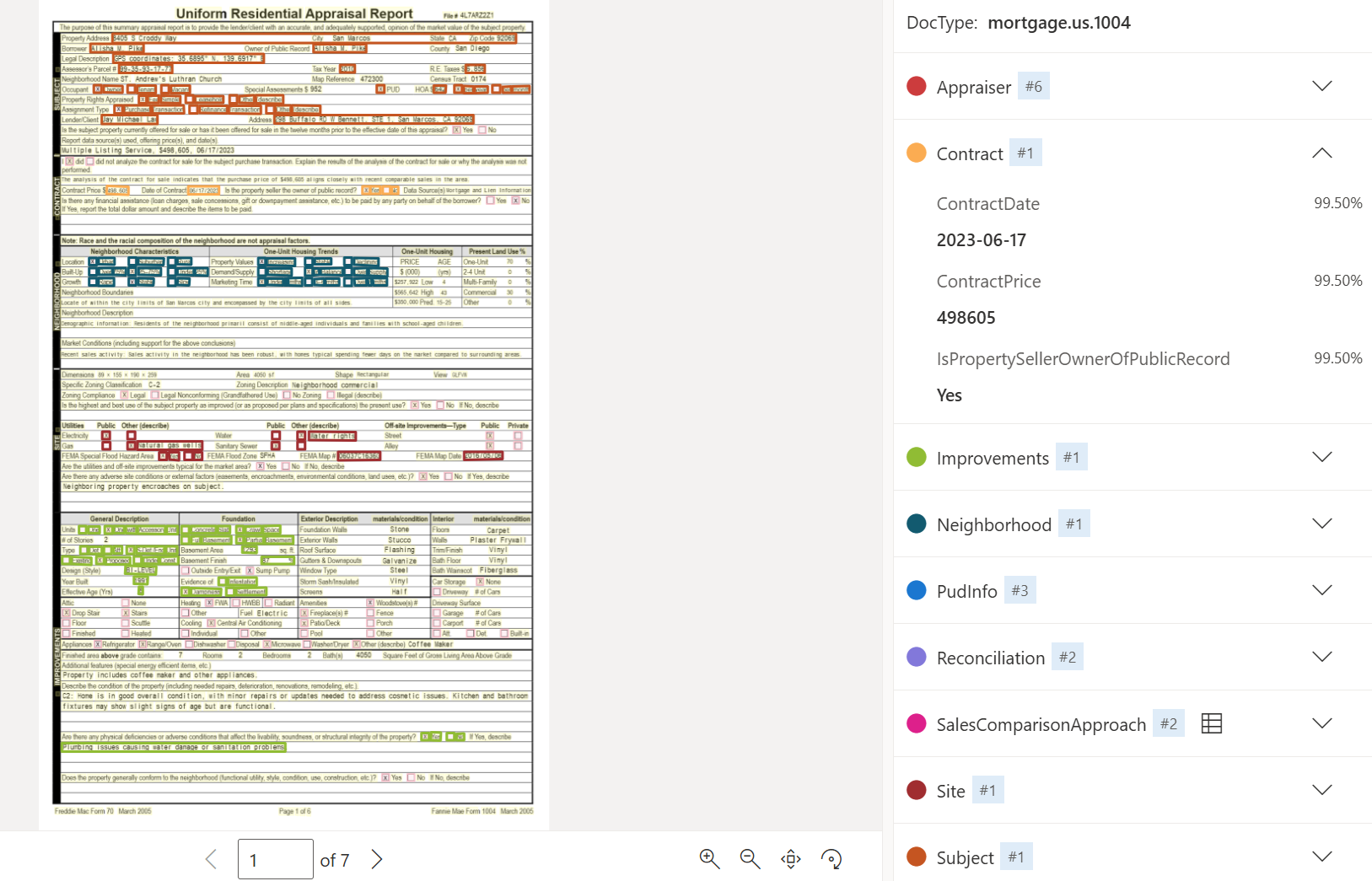 Document Intelligence Studio を使用した米国住宅ローン 1004 ドキュメント モデル分析を示すスクリーンショット。