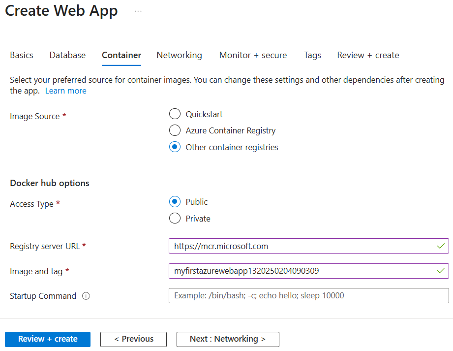コンテナー用に Web アプリを構成する方法を示すスクリーンショット。