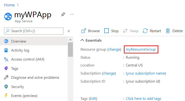 App Service の [概要] ページのリソース グループのスクリーンショット。