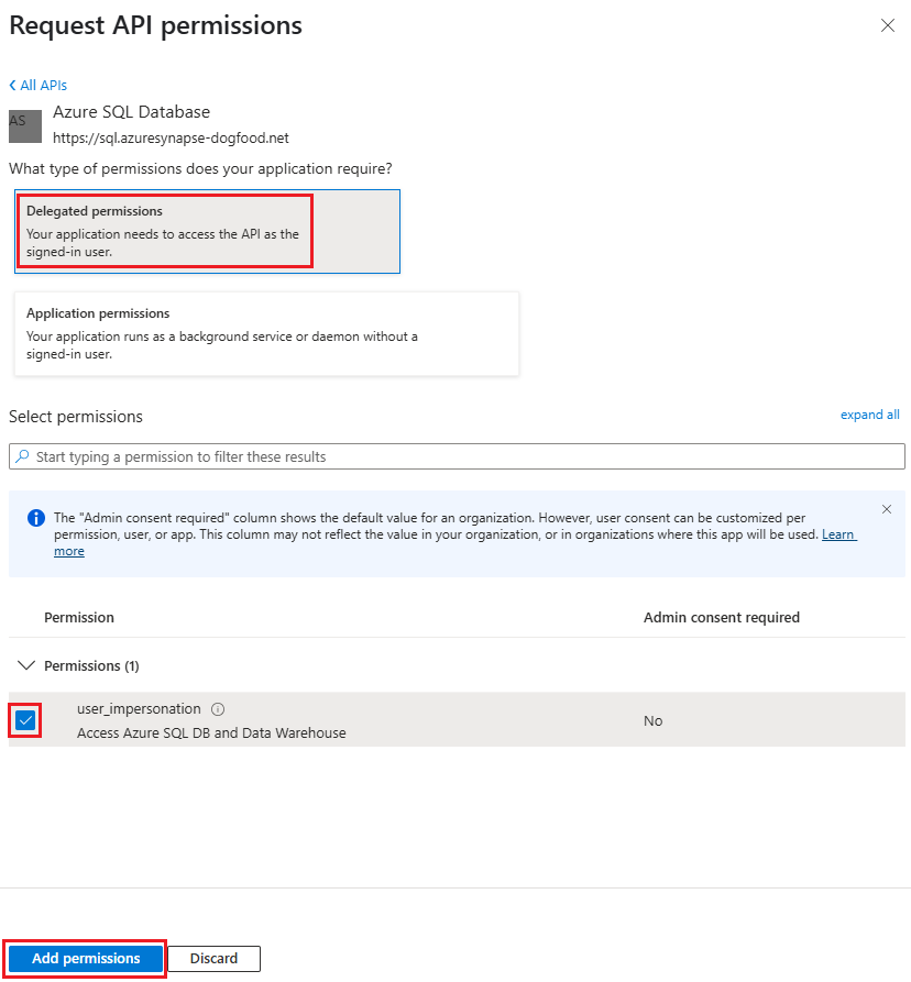 [委任されたアクセス許可]、[user_impersonation]、[アクセス許可の追加] ボタンが選択されていることを示す [API アクセス許可の要求] ページのスクリーンショット。