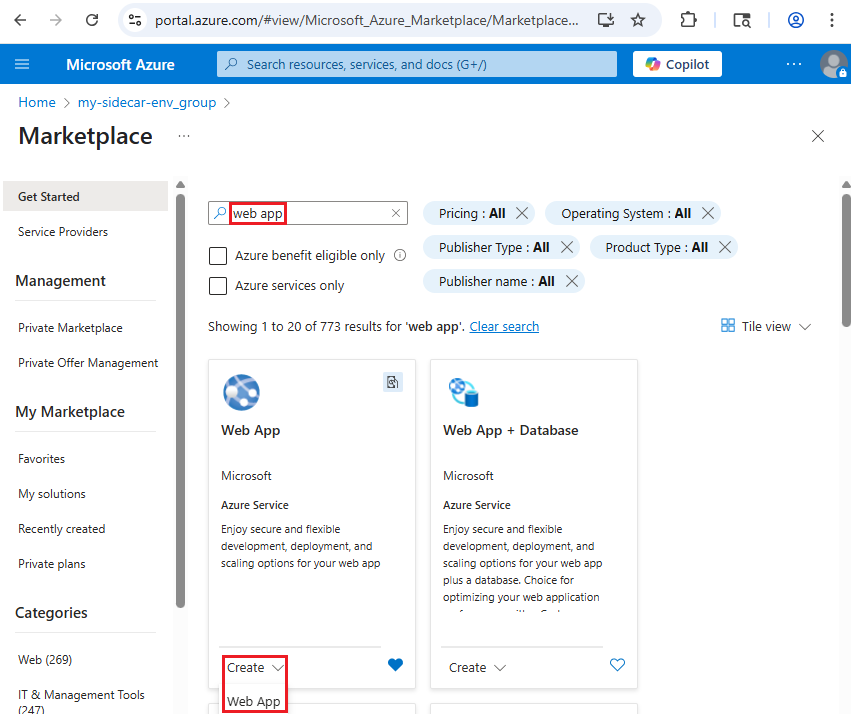 Web アプリが検索され、[Web アプリの作成] ボタンが強調表示されている Azure Marketplace ページを示すスクリーンショット。