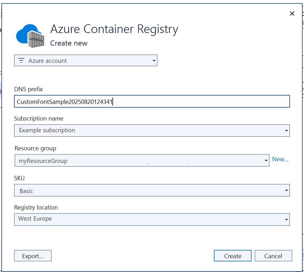 Azure Container Registry ウィンドウのスクリーンショット。