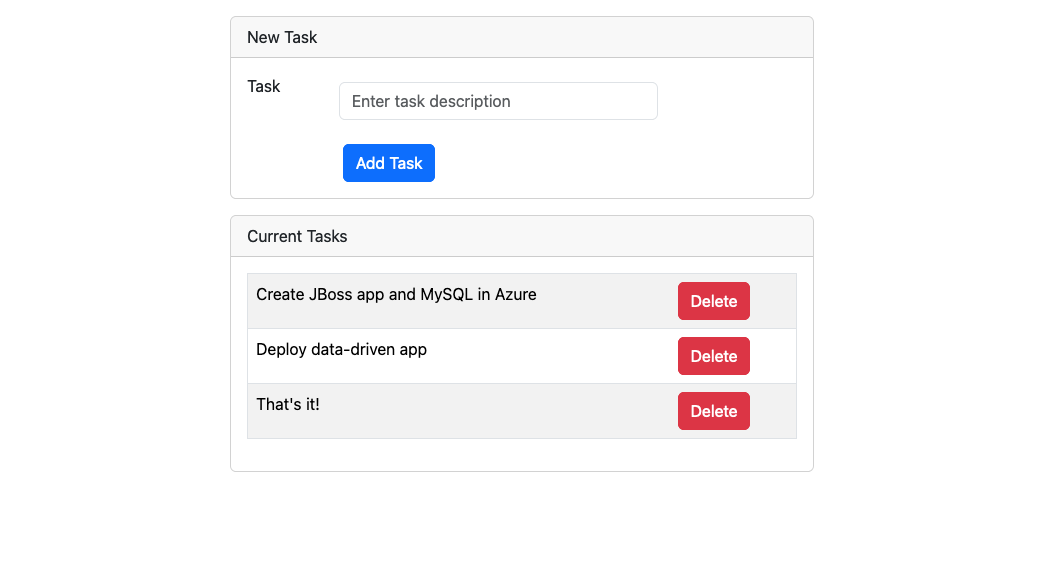MySQL にデータを格納している JBoss アプリケーションのスクリーンショット。
