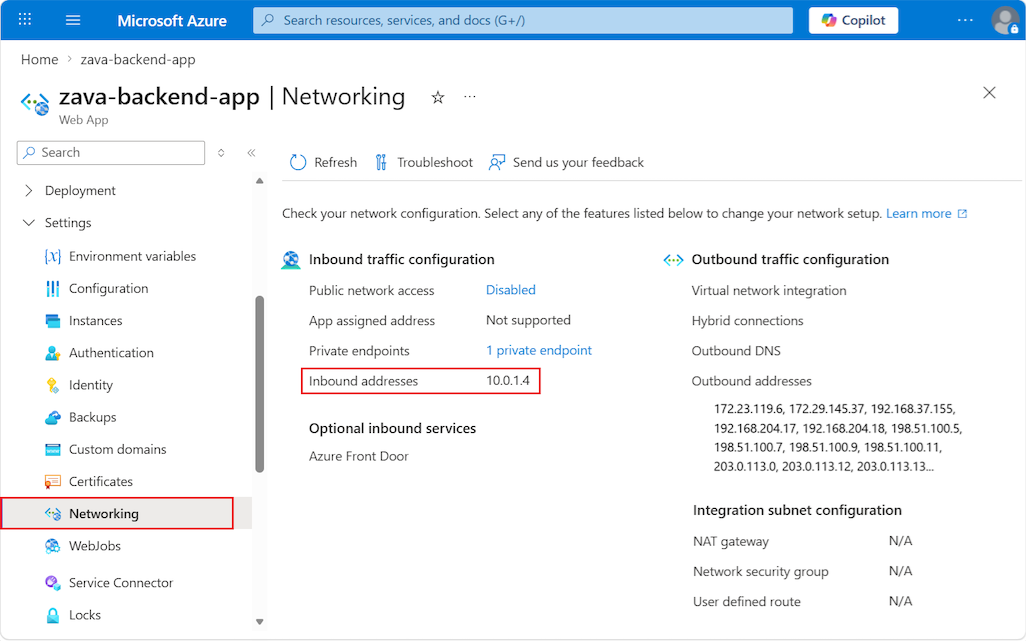 受信 IP アドレスが強調表示されたAzure ポータルの Web アプリのネットワーク ページを示すスクリーンショット。
