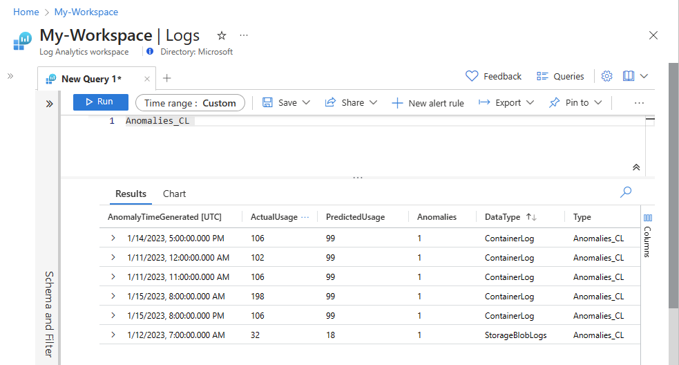 ノートブックの分析結果が取り込まれたカスタムテーブルに対する Log Analytics のクエリを示すスクリーンショット。