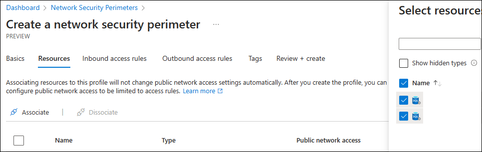 Azure portal でネットワーク セキュリティ境界を作成するスクリーンショット。