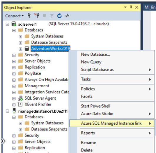 コンテキスト メニューのAzure SQL Managed Instance リンク オプションを示すスクリーンショット。