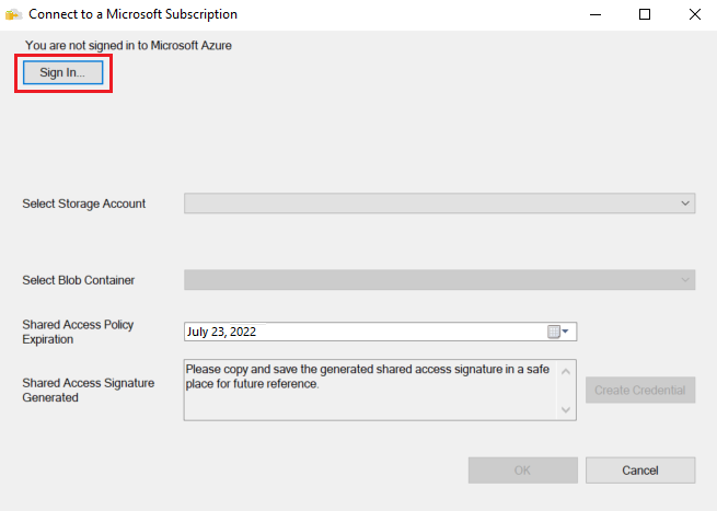 Microsoft サブスクリプションへの接続ダイアログのスクリーンショット。[サインイン] ボタンが呼び出されます。