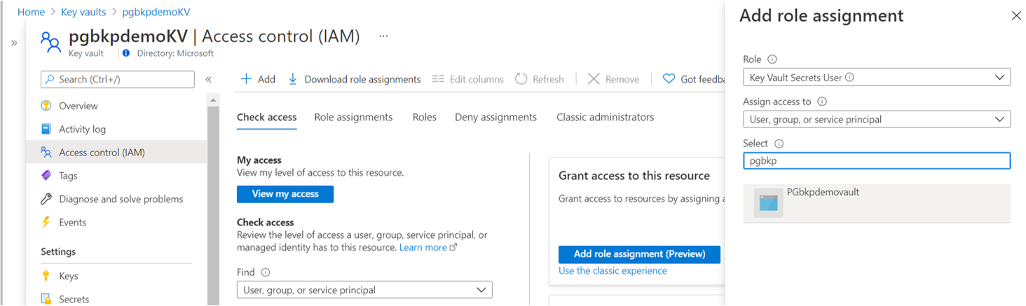 Azure Backup ボールトの MSI Key Vault シークレット ユーザーのアクセス権をキー コンテナーに付与するためのオプションを示すスクリーンショット。