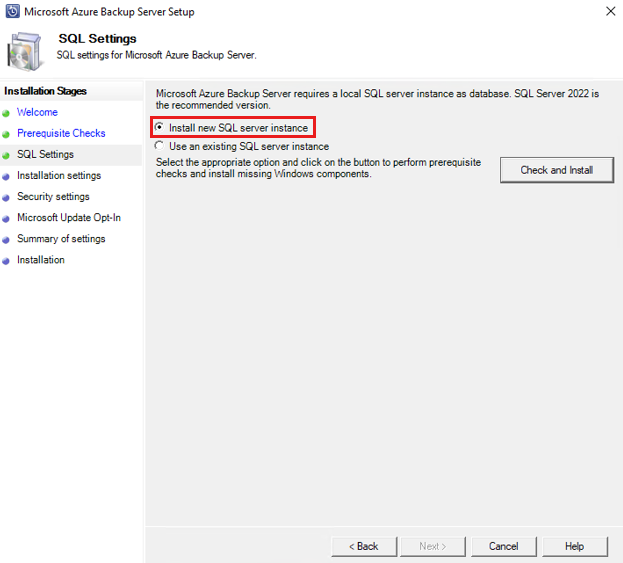 Azure Backup Server の SQL チェックを示すスクリーンショット。