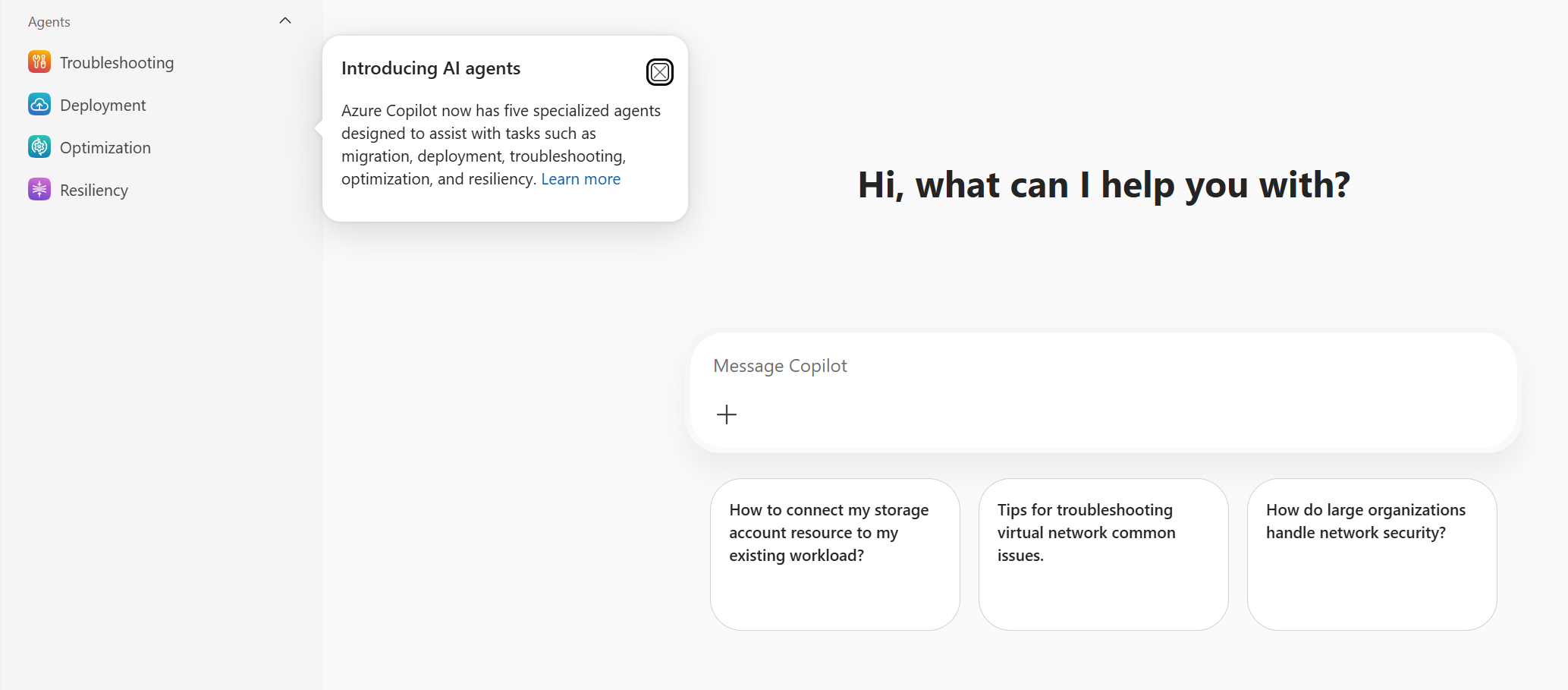 デプロイのAzure Copilotのエントリ ポイントのスクリーンショット。