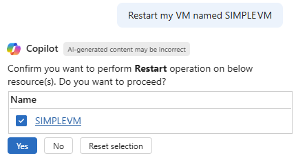 VM の再起動要求に応答する Azure Copilot のスクリーンショット。