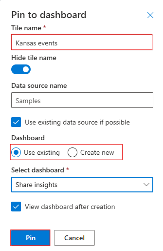 Azure Data Explorer の Web UI で、ビジュアルをダッシュボードにピン留めするためのダイアログのスクリーンショット