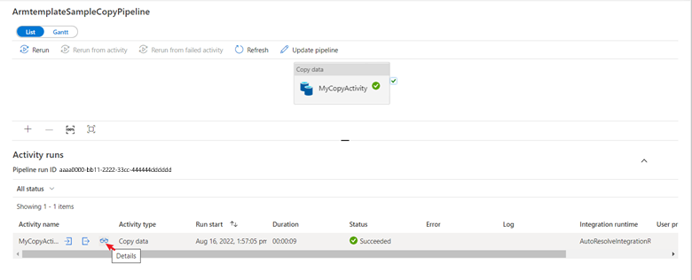 データ ファクトリを監視するためのタブのコピー アクティビティの実行結果のスクリーンショット。