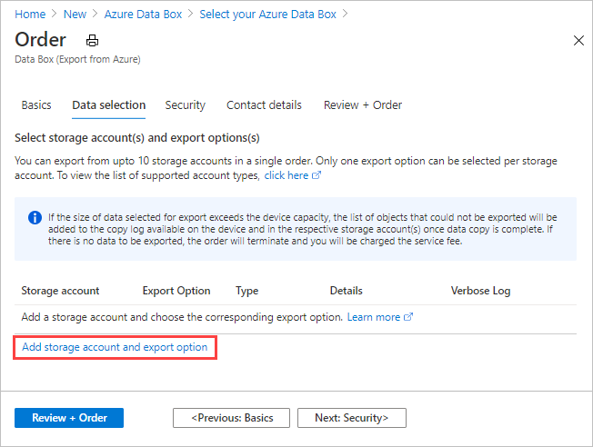 Data Box エクスポート注文の [データの選択] タブのデータ フィールドを示す画面キャプチャ。ストレージ アカウントとエクスポート のオプションを変更するためのリンクが強調表示されています。