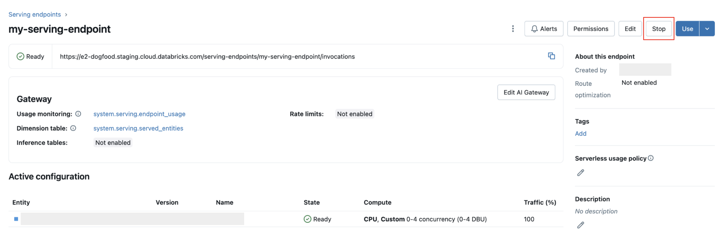 サービス UI を使用して、モデル サービス エンドポイントを停止します。