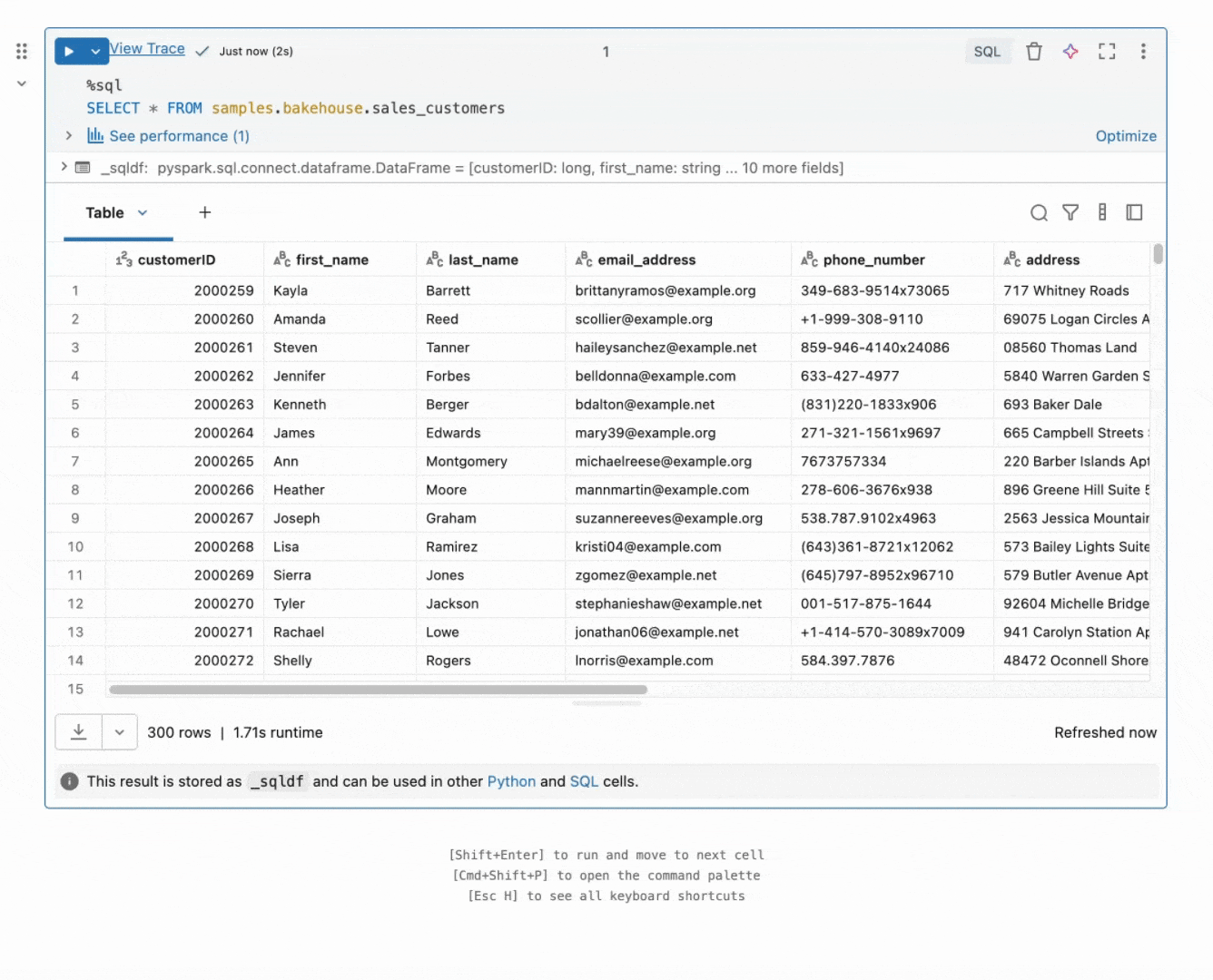 アニメーション GIF は、Genie Code がアメリカの男性のベイクハウス顧客のテーブルをフィルター処理することを示しています。