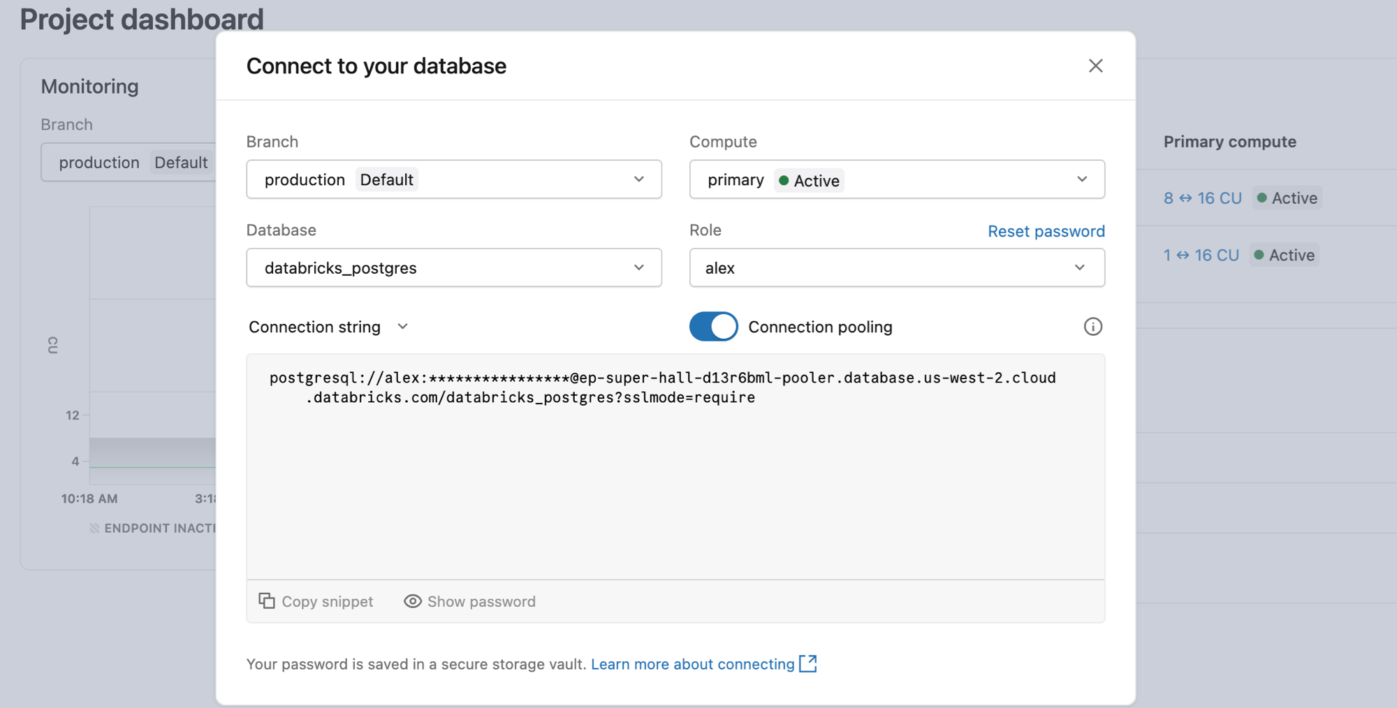 ネイティブ Postgres パスワード ロールに対して有効になっている [接続プール] トグルを示す [接続] ダイアログ。