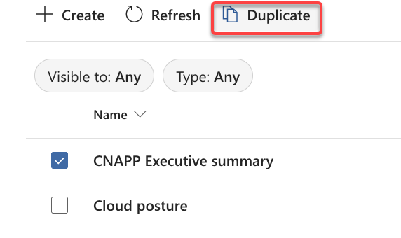 CNAPP Executive summary がチェックされ、[Cloud posture] がチェックされておらず、[複製] ボタンが表示されているレポート選択ページのスクリーンショット。
