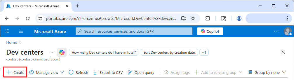 デベロッパー センターのページに [作成] ボタンがある Azure portal を示すスクリーンショット。