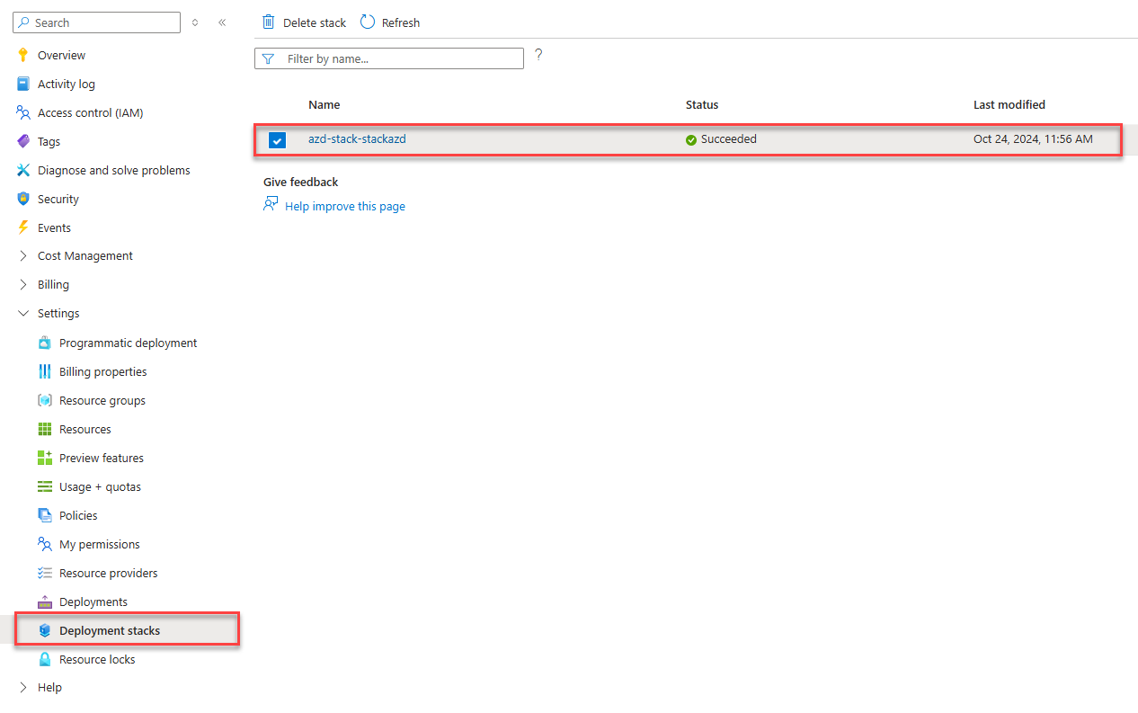 Azure portal におけるサブスクリプションレベルのデプロイメントスタックを示すスクリーンショット