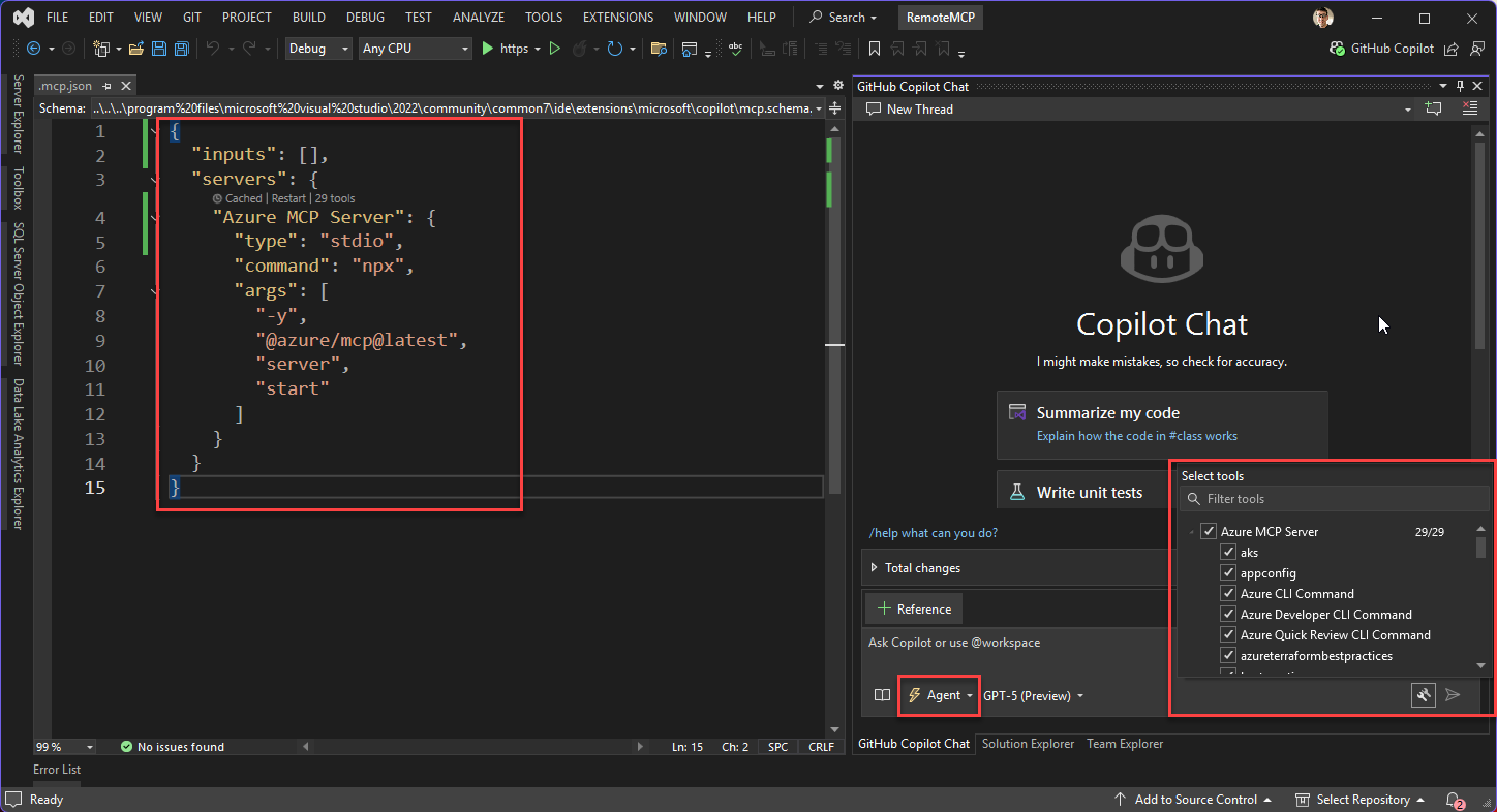 Visual Studio で Azure MCP サーバーを構成する方法を示すスクリーンショット。