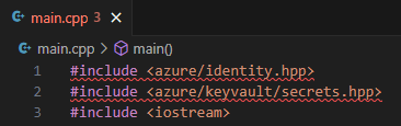 {下に赤いエラー波線がある VS Code の C++ インクルード ステートメントのスクリーンショット。}