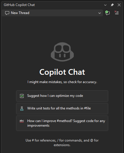 Visual Studio 2026 での GitHub Copilot Chat ウィンドウを示すスクリーンショット