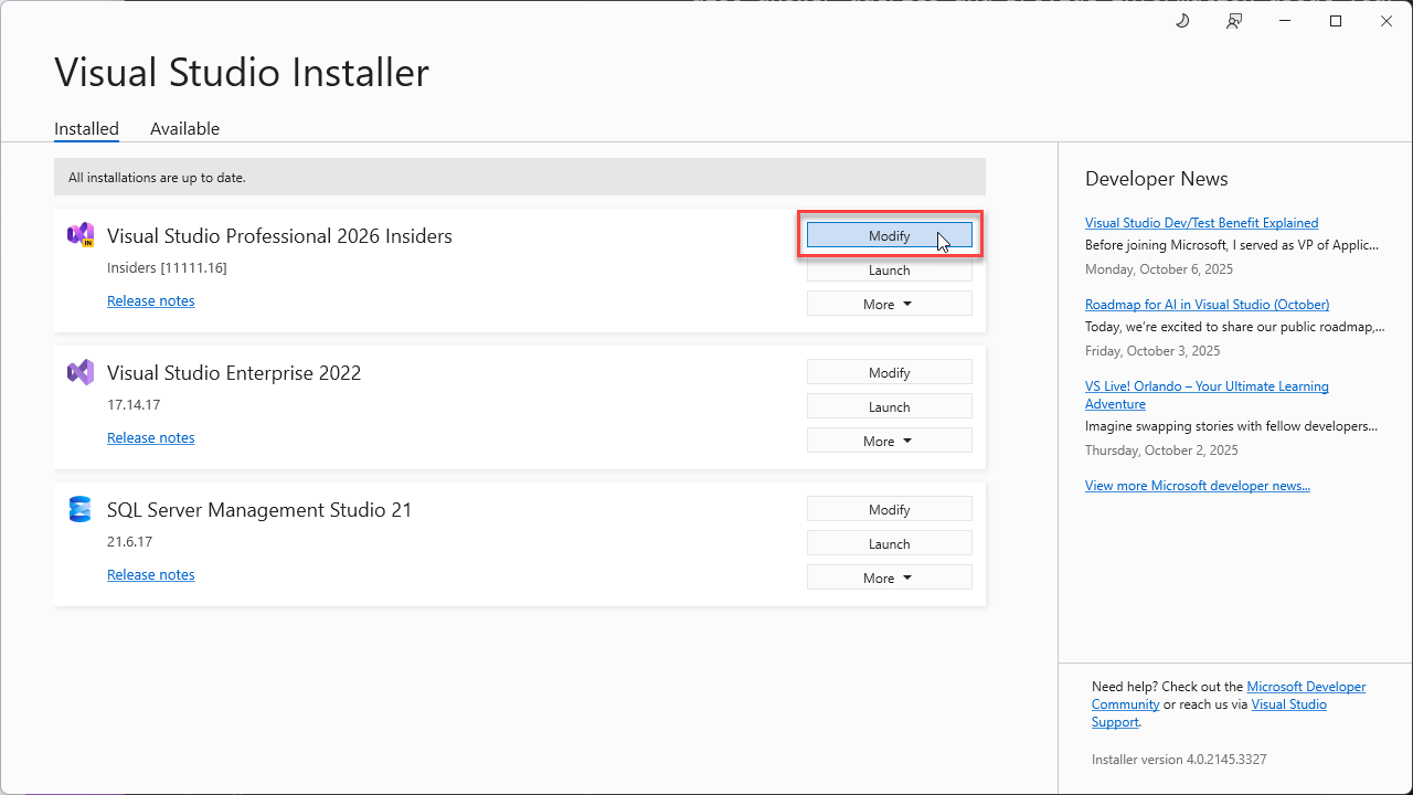 変更ボタンが強調表示されたVisual Studioインストーラーを示すスクリーンショット。