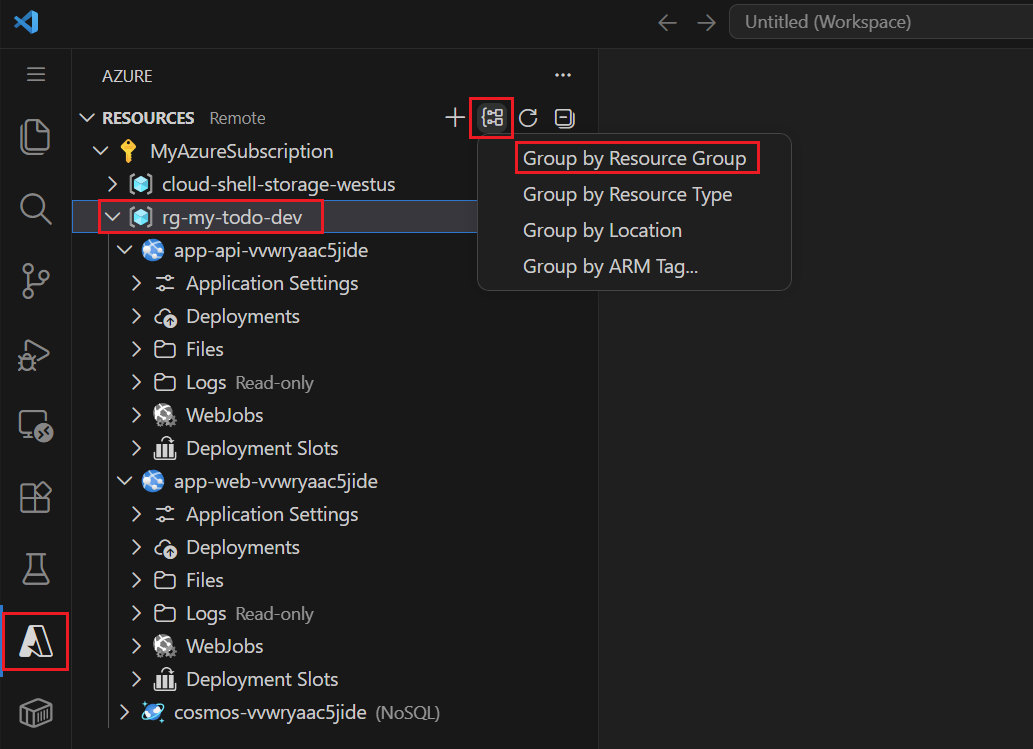 VS Code Azure ビューのスクリーンショットで、リソース グループ別にグループ化されたリソースが表示されており、グループ化メニューが開いています。