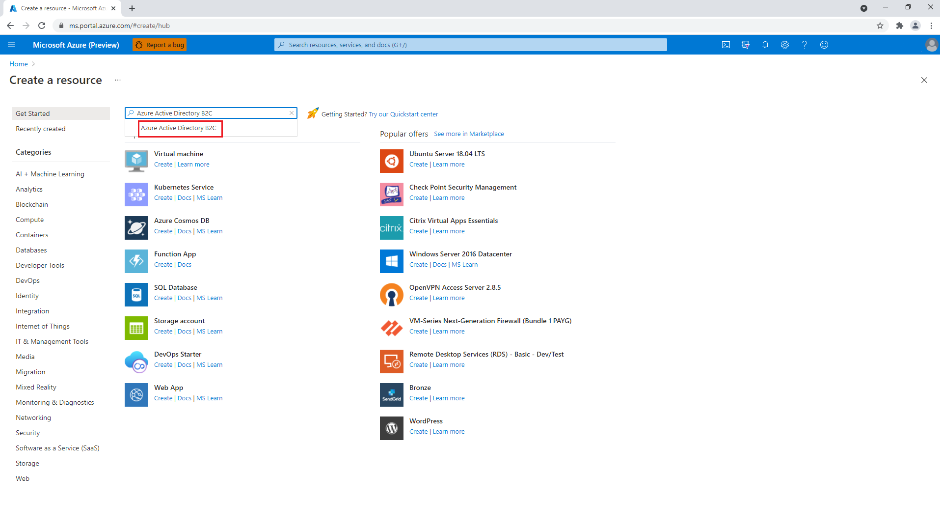 Azure portal を使用して新しい Azure Active Directory B2C インスタンスを作成します。