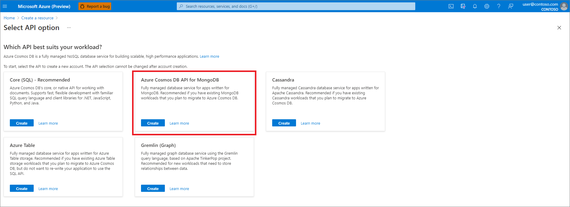 、リソースを作成し、API オプションを選択し、Azure Cosmos DB for MongoDB を選択します。