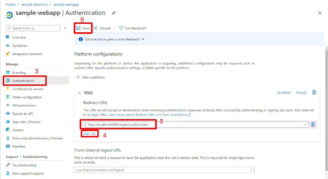 リダイレクト URI が強調表示された Web アプリ認証ページを示す Azure portal のスクリーンショット。