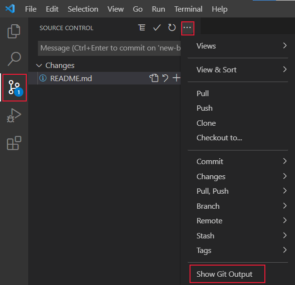 [Git 出力の表示] の選択が強調表示されている Visual Studio Code ソース管理のスクリーンショット。