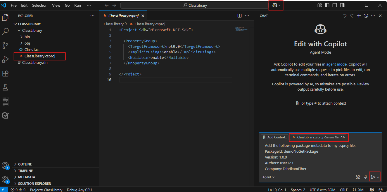 Visual Studio Code で GitHub Copilot を使用してパッケージ メタダを追加する方法を示すスクリーンショット。