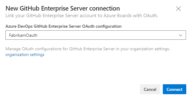 新しい GitHub Enterprise 接続のスクリーンショット,OAuth 接続ダイアログ.