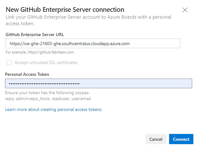 新しいGitHubエンタープライズ接続のスクリーンショット,個人用アクセス トークン接続ダイアログ.