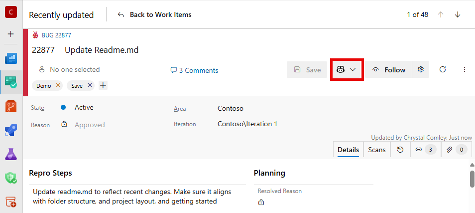 作業項目の強調表示されたGitHub Copilotアイコンを示すスクリーンショット.