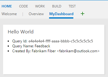 WorkItemTracking 用 REST API を使用したサンプル ウィジェットを含む [概要] ダッシュボードのスクリーンショット。