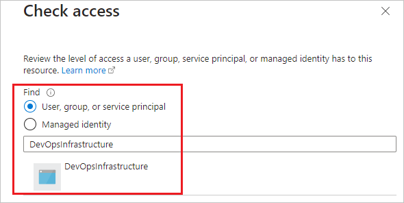 AzureDevOpsInfrastructure プリンシパルを選択する方法を示すスクリーンショット。