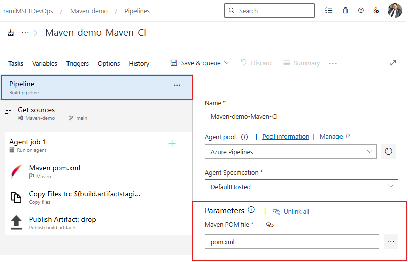 クラシック パイプラインで既存のプロセス パラメーターを構成する方法を示すスクリーンショット。