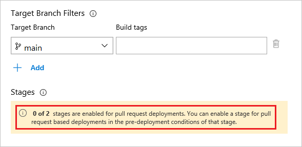 pull request デプロイが有効になっているステージの一覧を示すスクリーンショット。