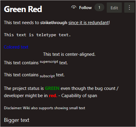 ダーク テーマ ビューに示すように、HTML リッチ テキストの書式設定を使用する発行済みの Wiki ページのスクリーンショット。